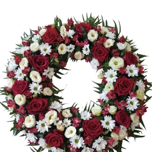 Coroana funerara cu trandafiri si lisanthus