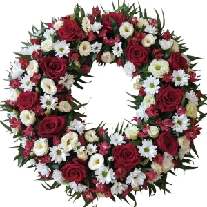 Coroana funerara cu trandafiri si lisanthus