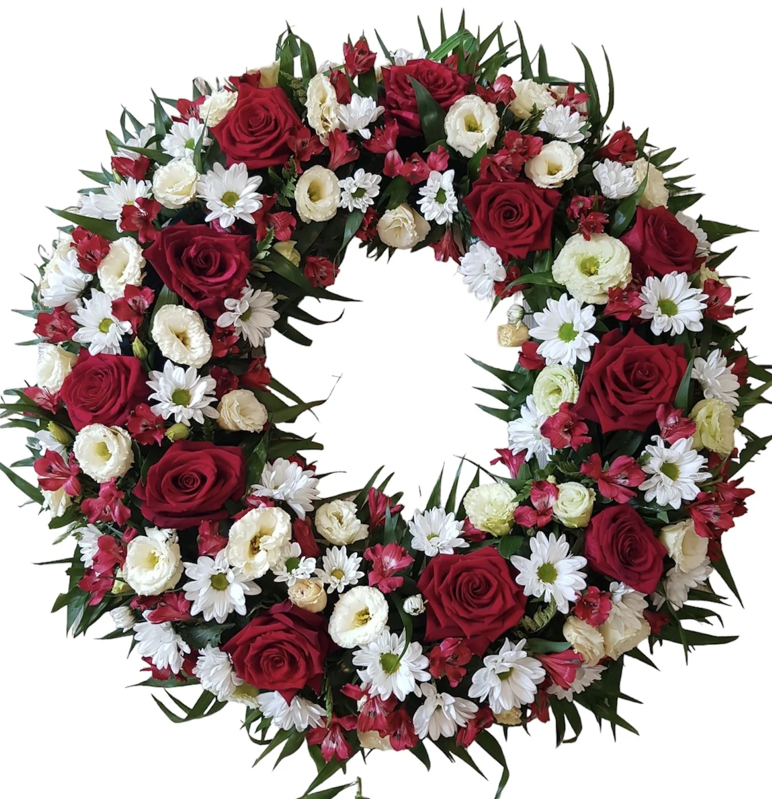Coroana funerara cu trandafiri si lisanthus